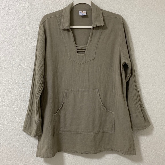 Sea Breeze Cotton Tunic Top Women's XS Gauzy Kangaroo Pocket Tan - Picture 1 of 8